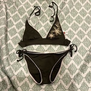 Lucky Brand green embroidered lace trim bikini medium